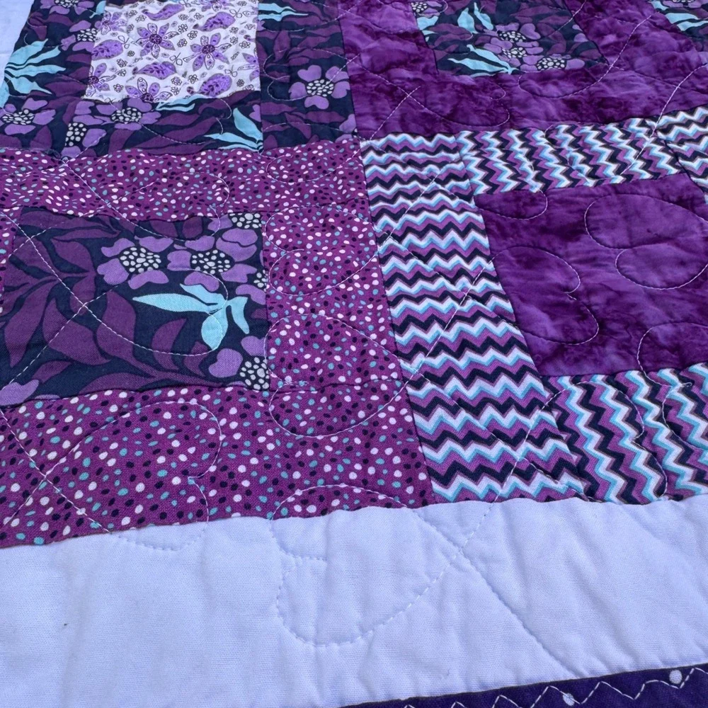 Handmade Patchwork Quilt 35x41 Purple Floral Minky Fleece Tie Dye Boho Baby